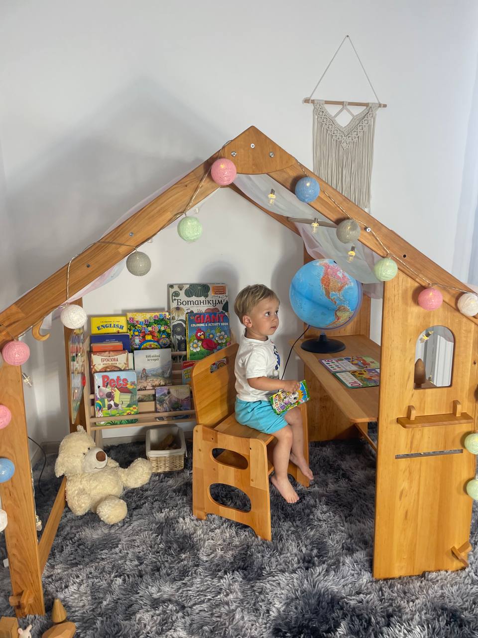 Wooden Montessori Playhouse – Kids Indoor Play Frame with Adjustable Table