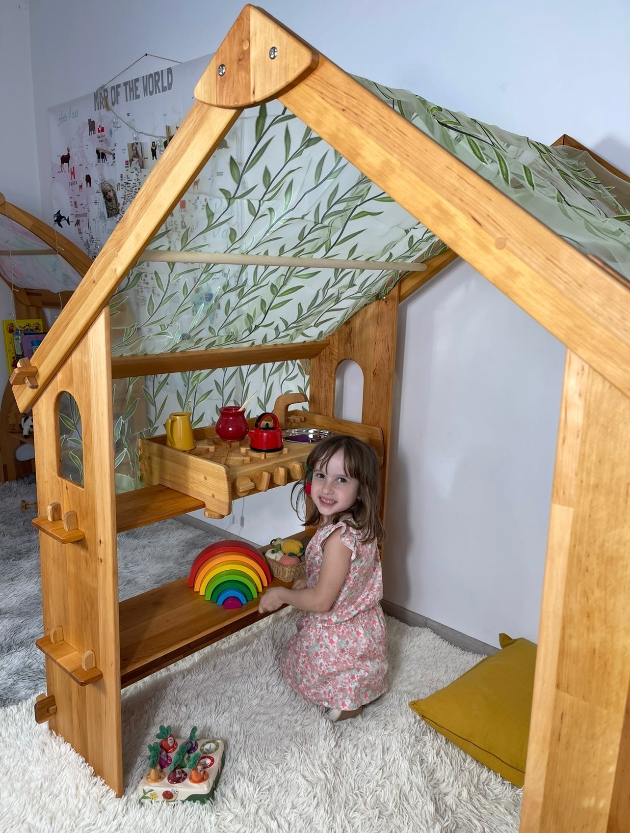 Montessori Wooden Playhouse with Double Toy Shelves