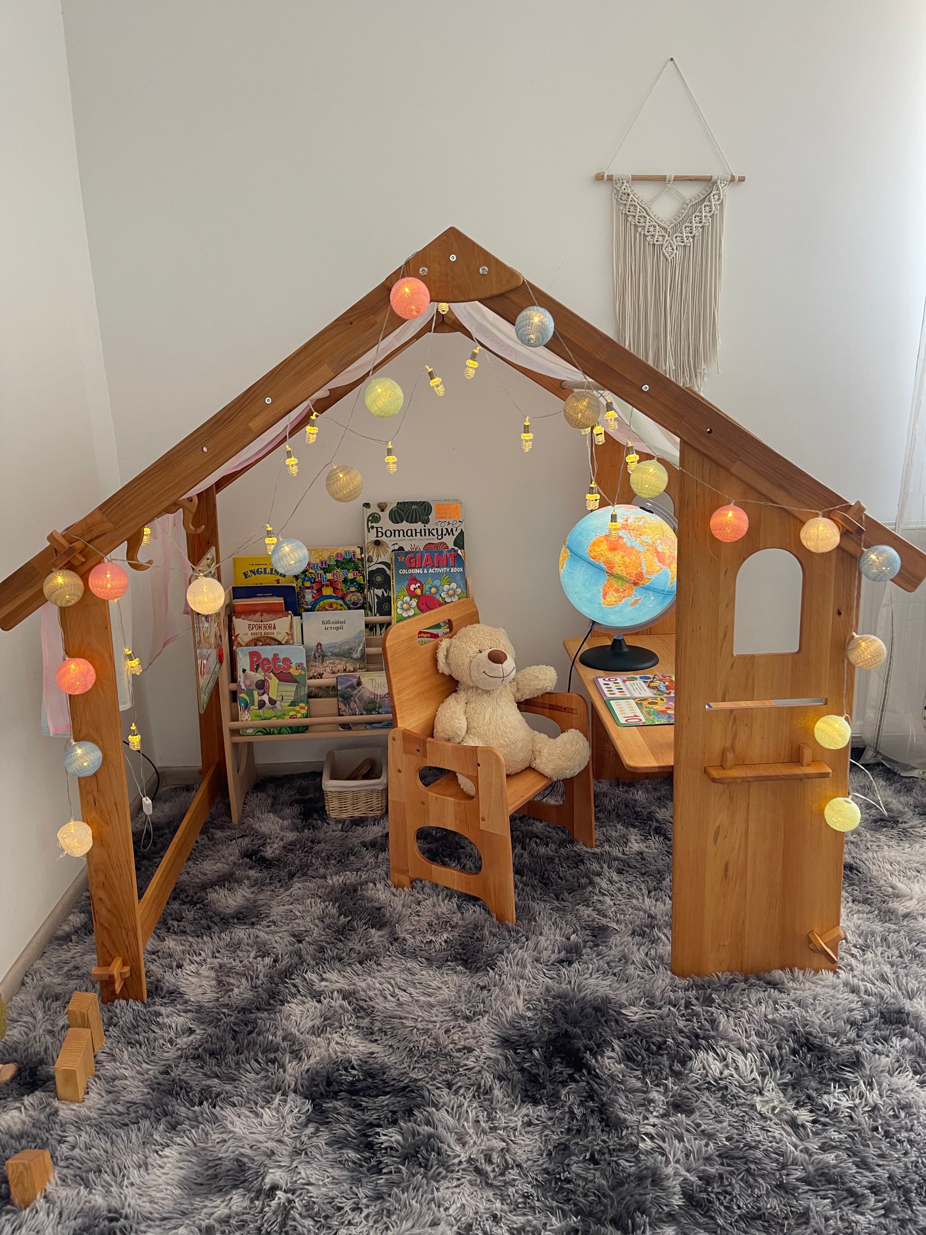Wooden Montessori Playhouse – Kids Indoor Play Frame with Adjustable Table