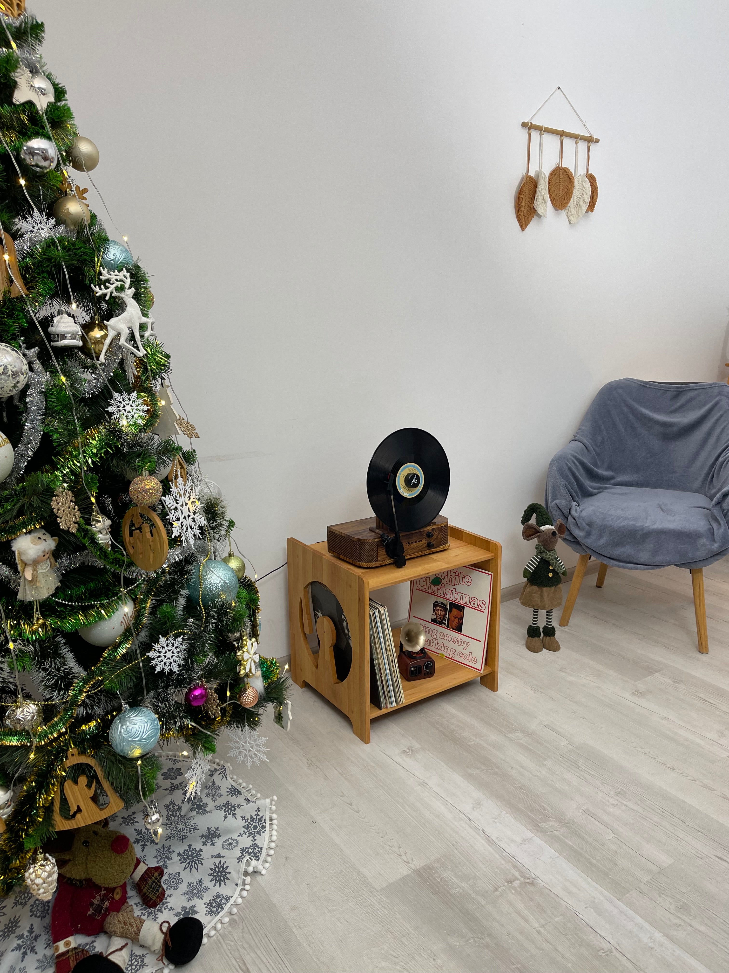 Wood record player stand, vinyl storage console