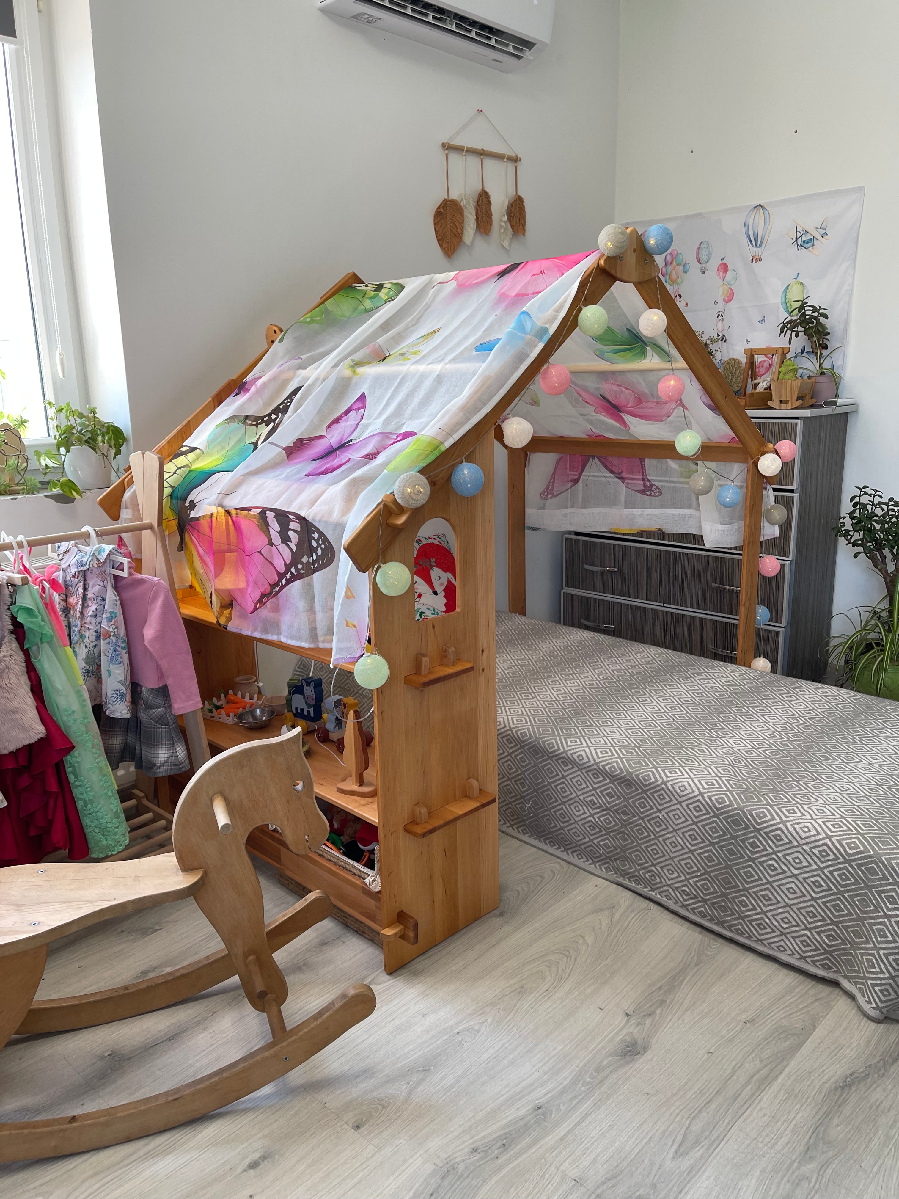 Montessori Wooden Playhouse with Double Toy Shelves
