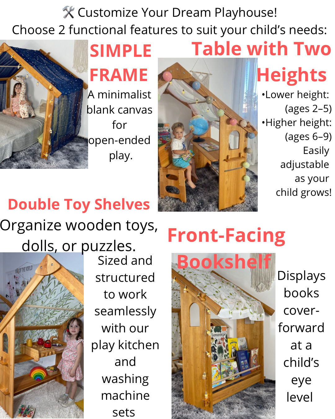 Wooden Montessori Playhouse – Kids Indoor Play Frame with Adjustable Table