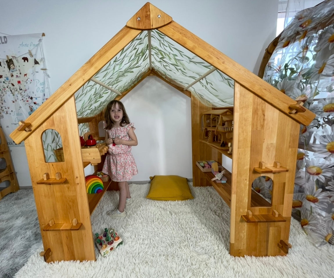 Montessori Wooden Playhouse with Bookshelf & Table Adjustable Heights