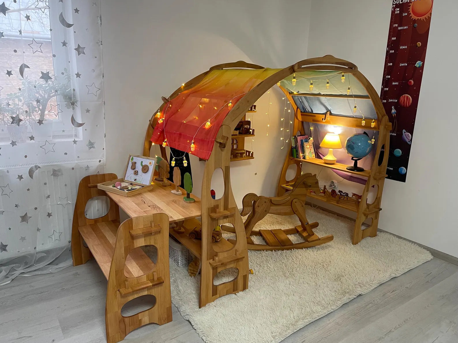 Waldorf wooden playstand with desk for Montessori playroom
