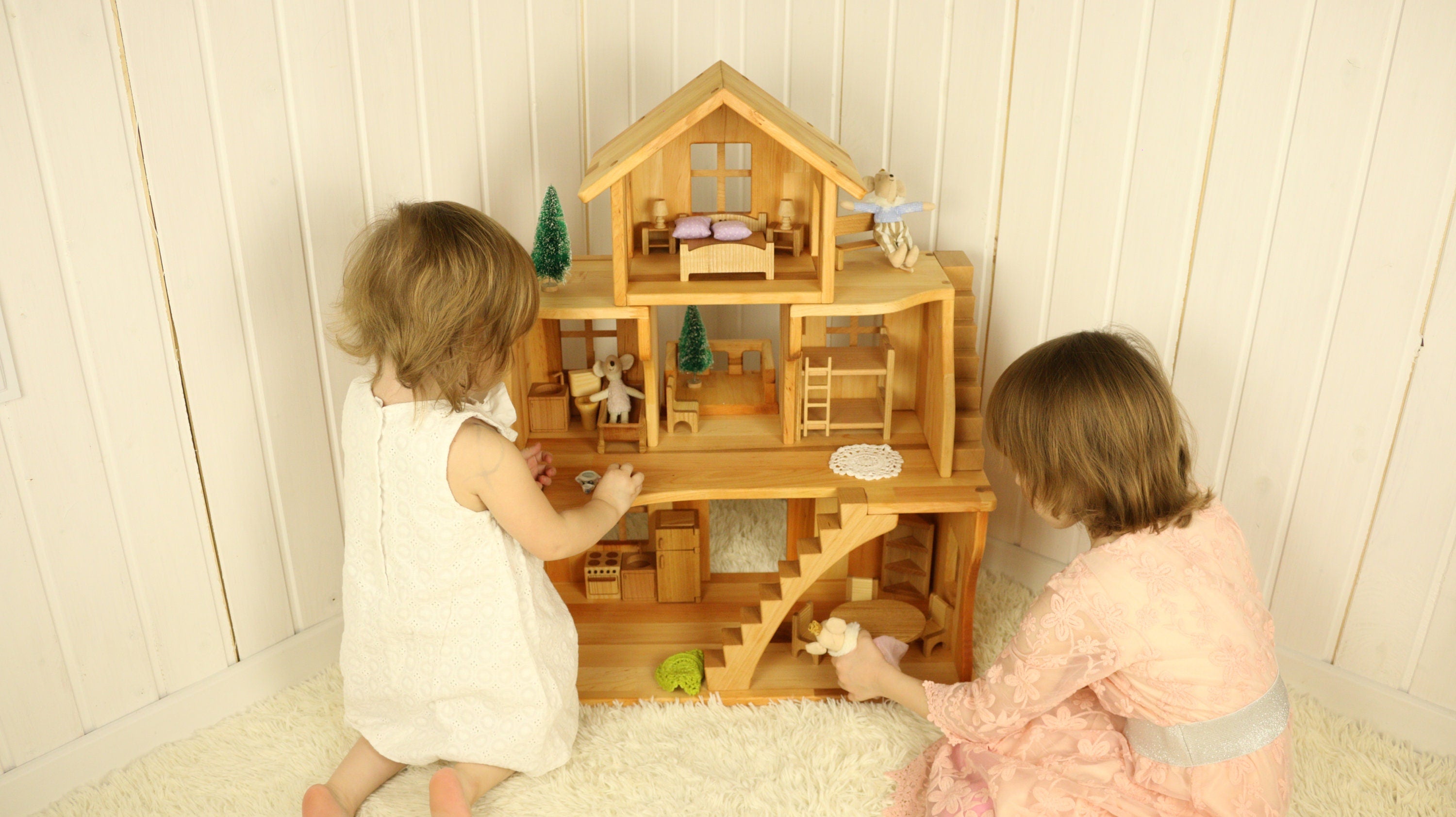 Waldorf wooden stackable dollhouse with furniture for kids 