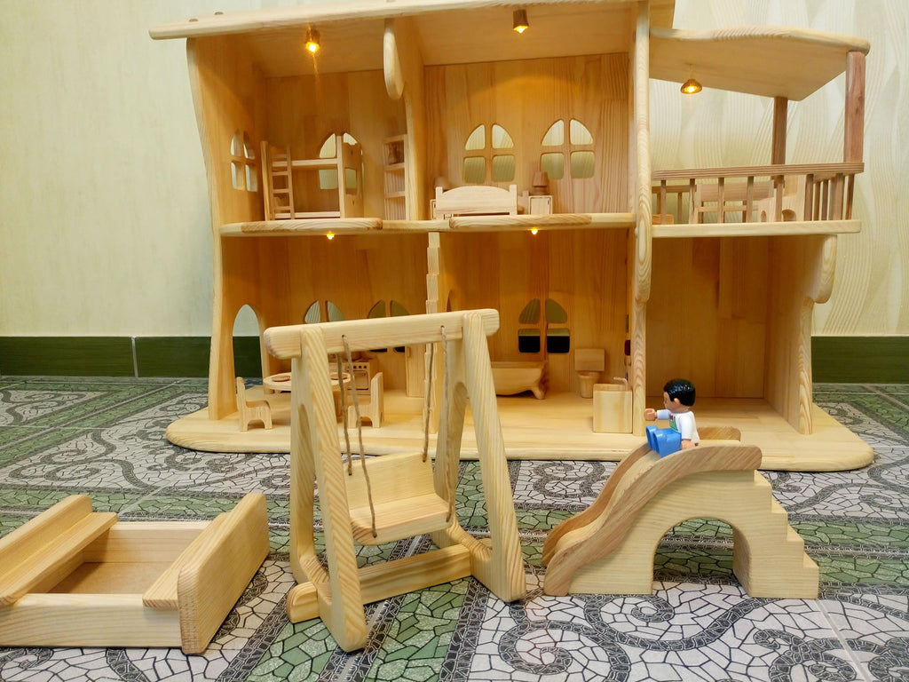 Set of sandbox, swing, slide.