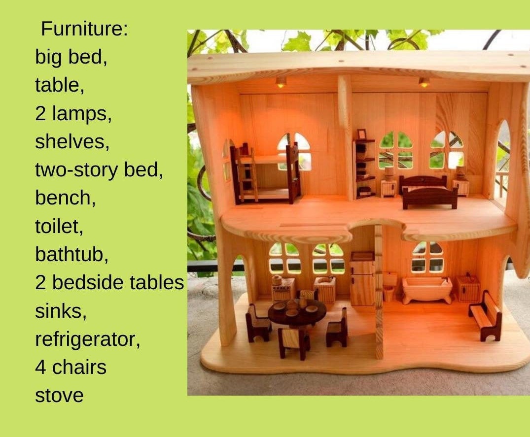 Dollhouse with Light and Redwood furniture 1:16 Scale