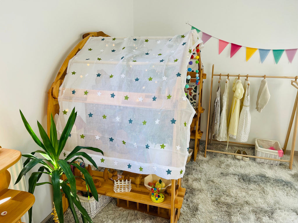 Embroidery White fabric with blue stars