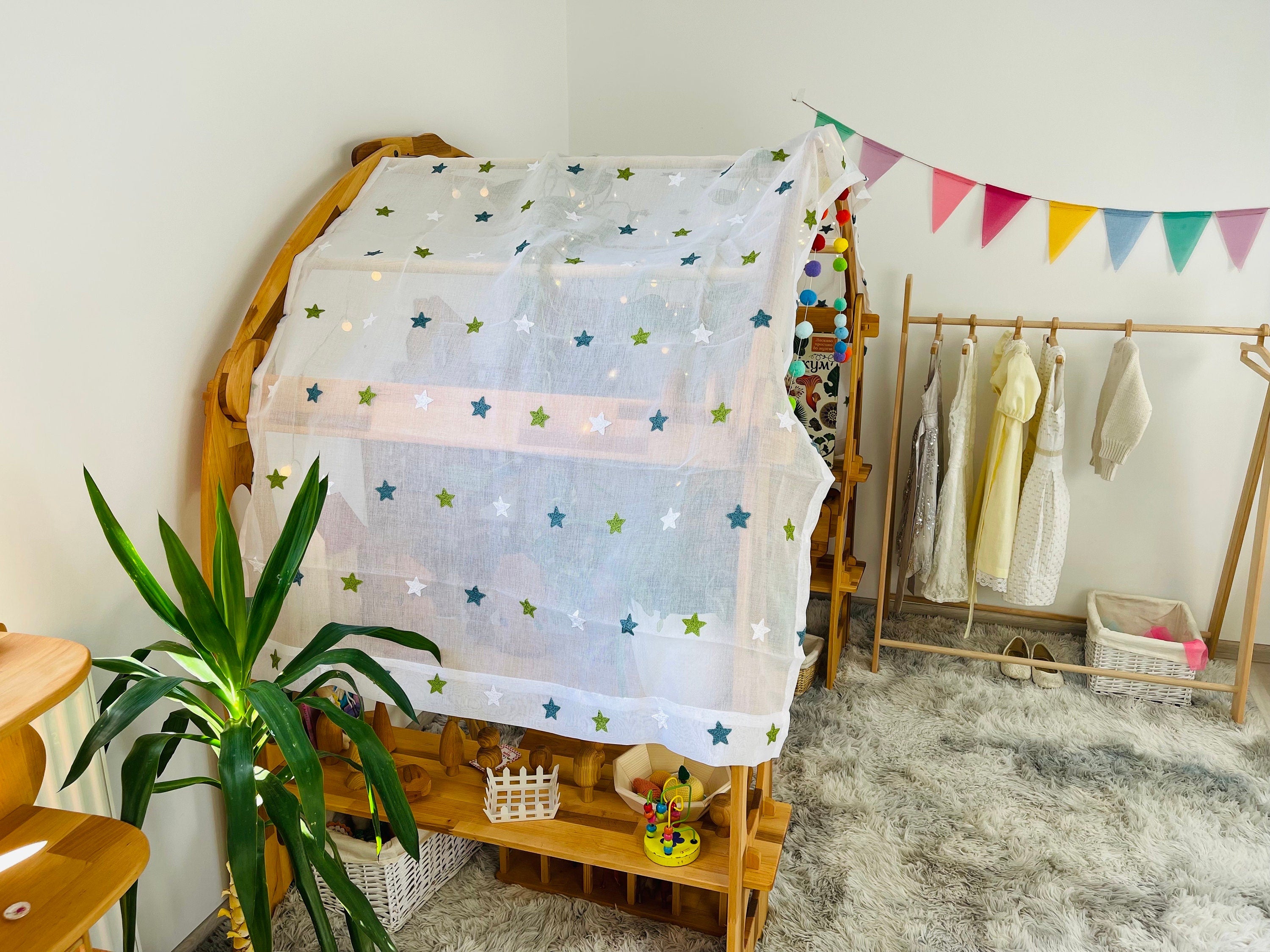 Embroidery White fabric with blue stars