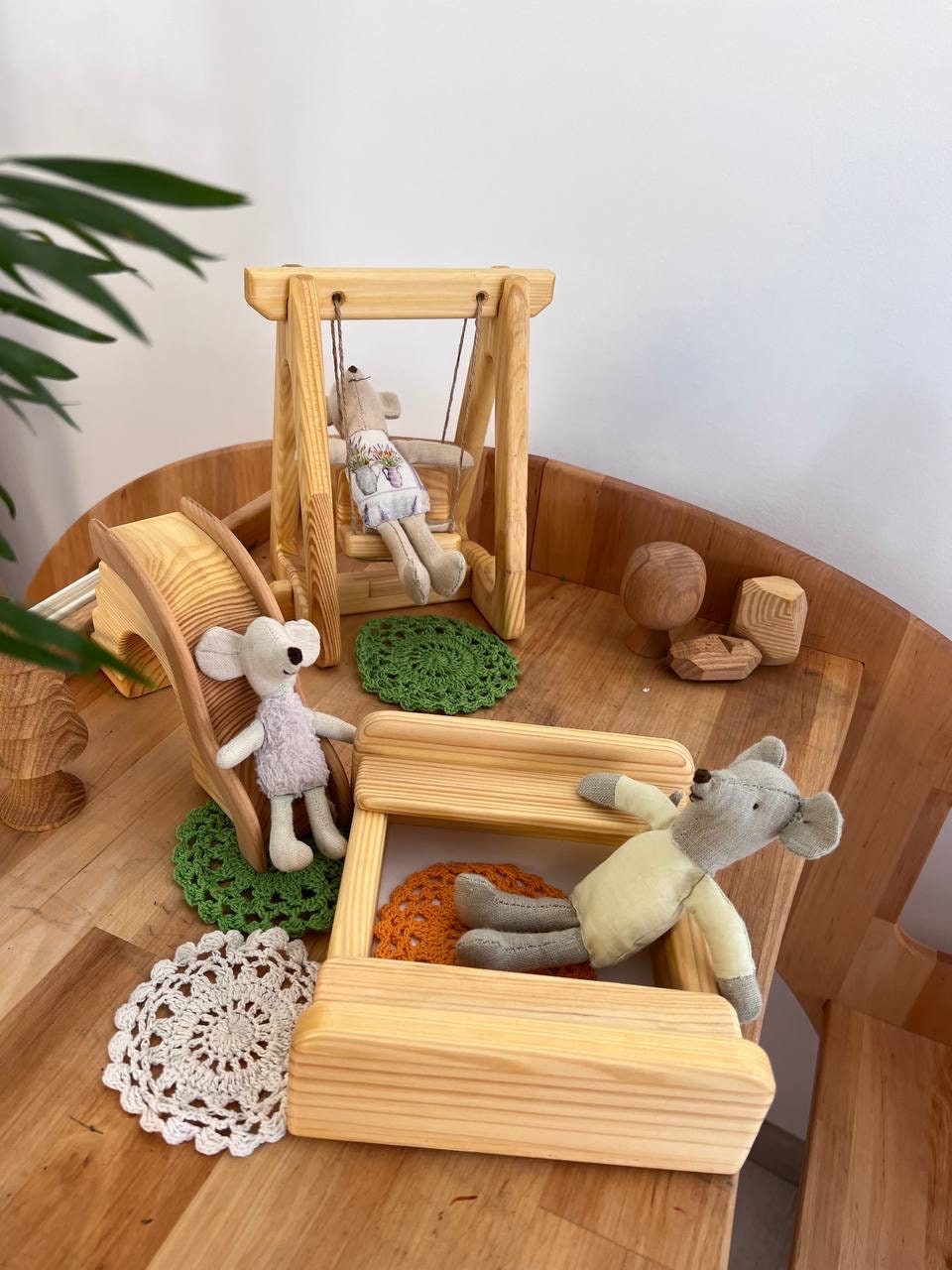 Set of sandbox, swing, slide.