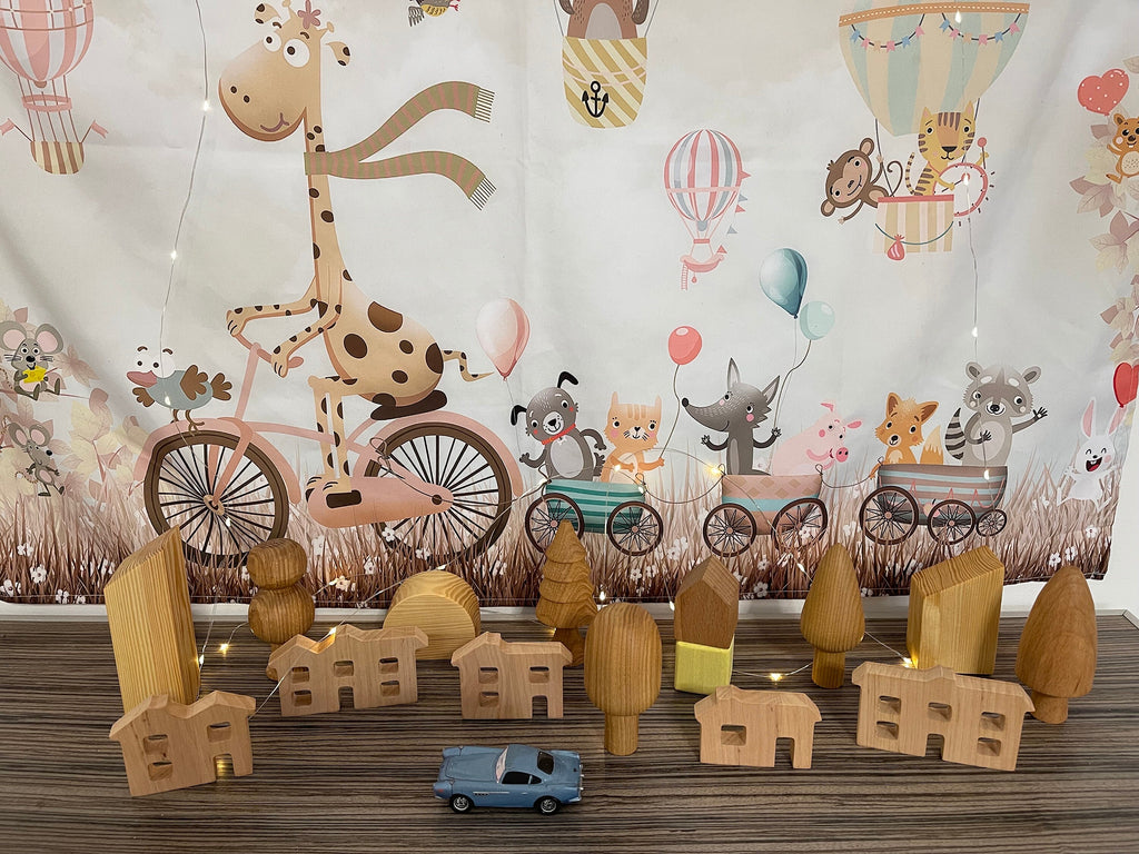 Set of wooden toy mini houses