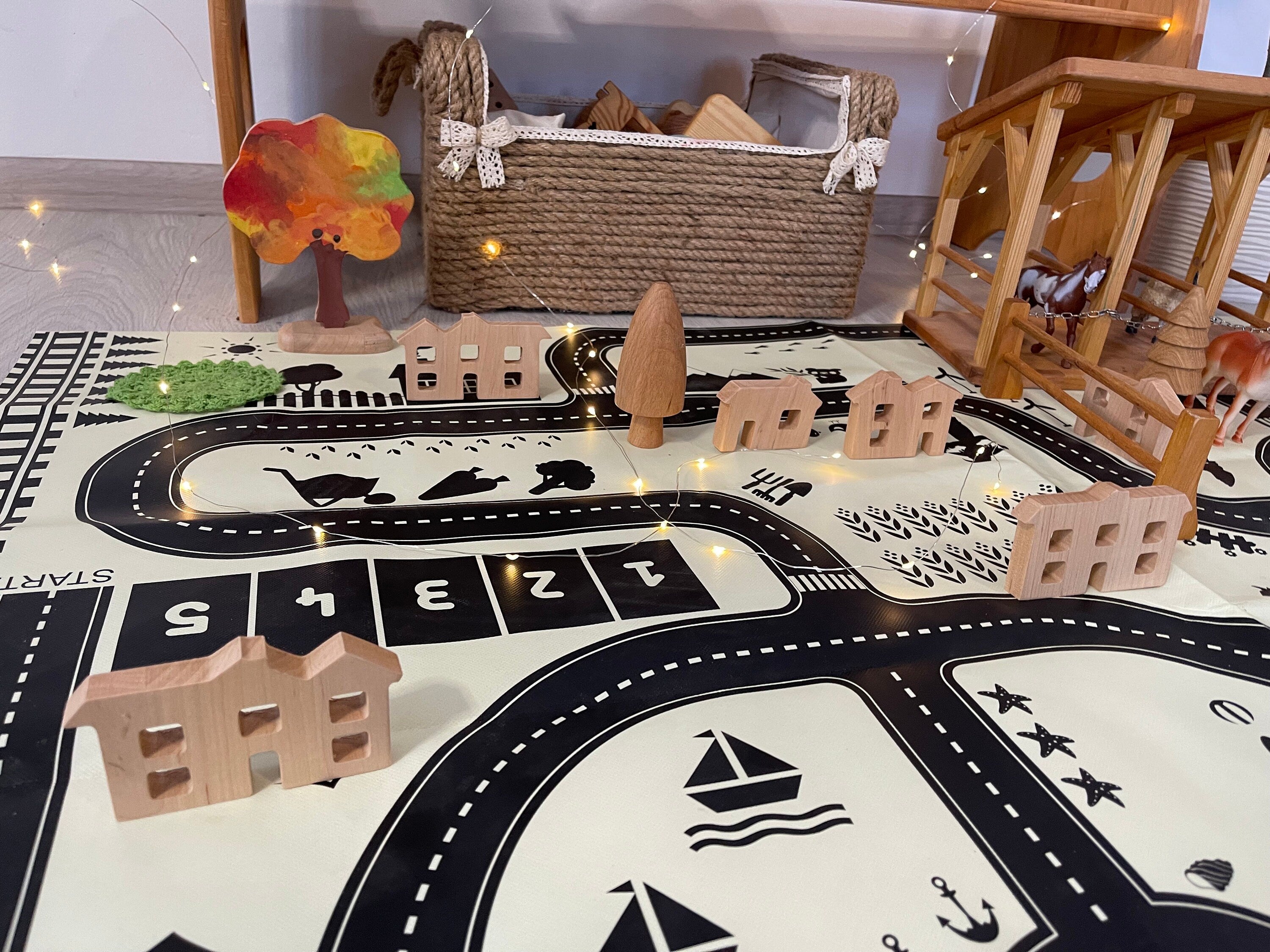 Set of wooden toy mini houses