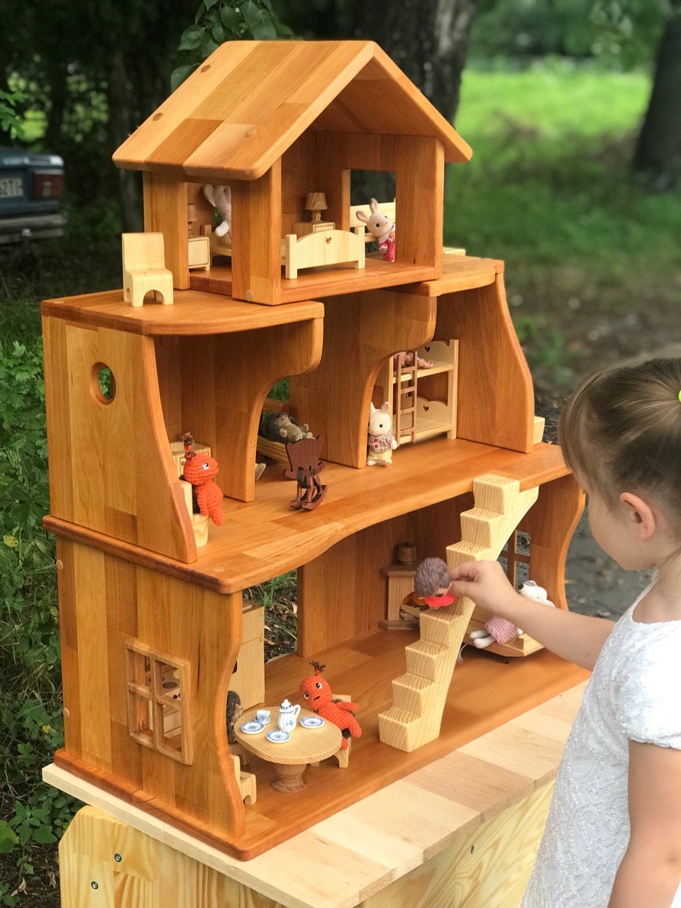 Waldorf wooden stackable dollhouse kit with furniture for kids 